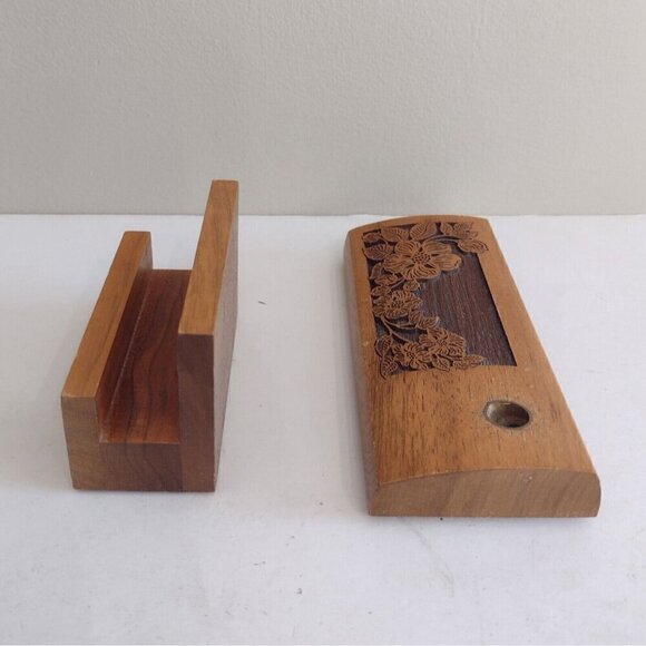Vintage Laser Craft Engraved Walnut Envelope Card Pen Desk Holder Tree Floral - Picture 6 of 11
